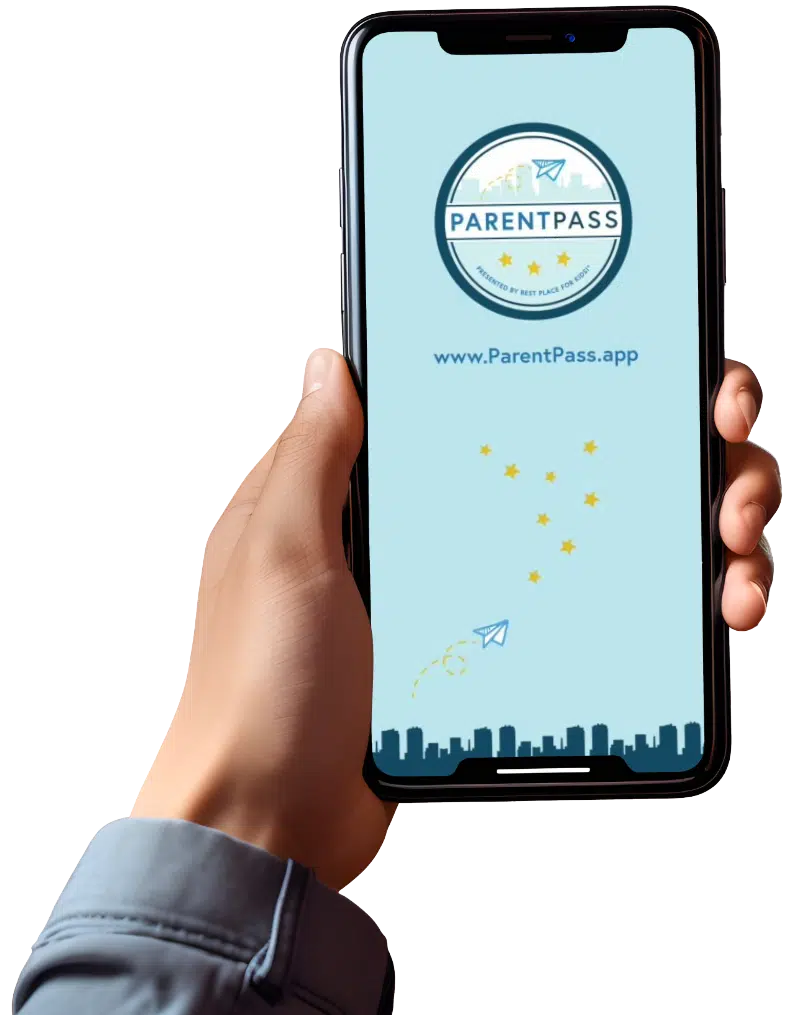 ParentPass Mobile App shown on a phone screen being held by a hand - USD of Dallas