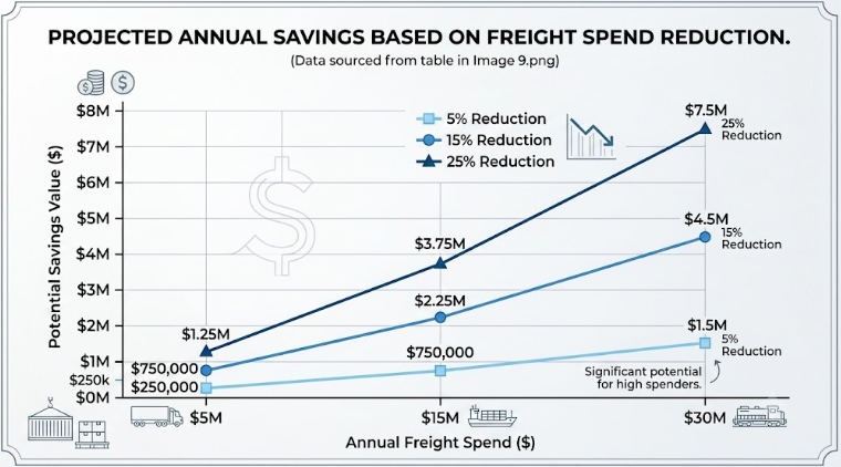 An infographic-style graph regarding projected annual savings based on freight spend reduction