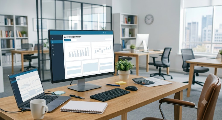 Accounting software is open on a desktop.