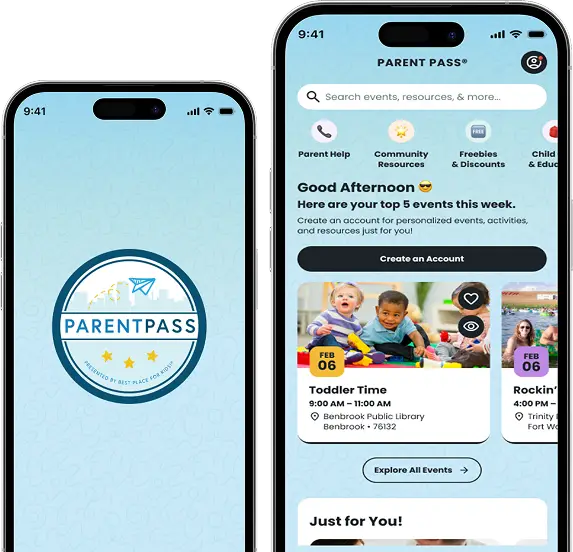 Parent Pass mobile app screens showing local family events and activities.