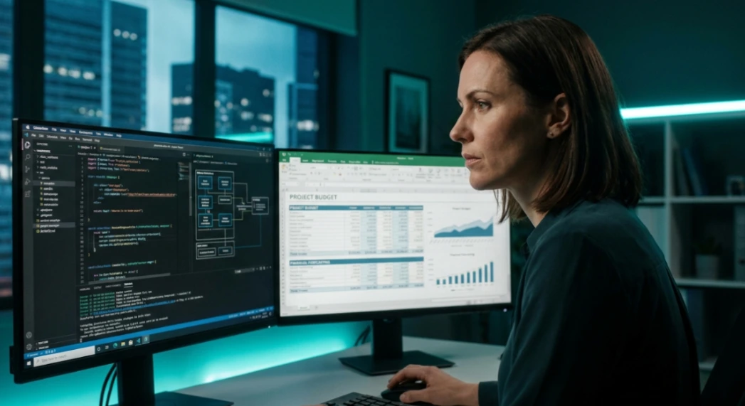 Female software developer analyzing source code on one monitor and a project budget spreadsheet on another in an office