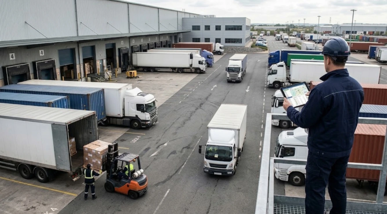 Logistics manager overlooking a busy warehouse loading dock